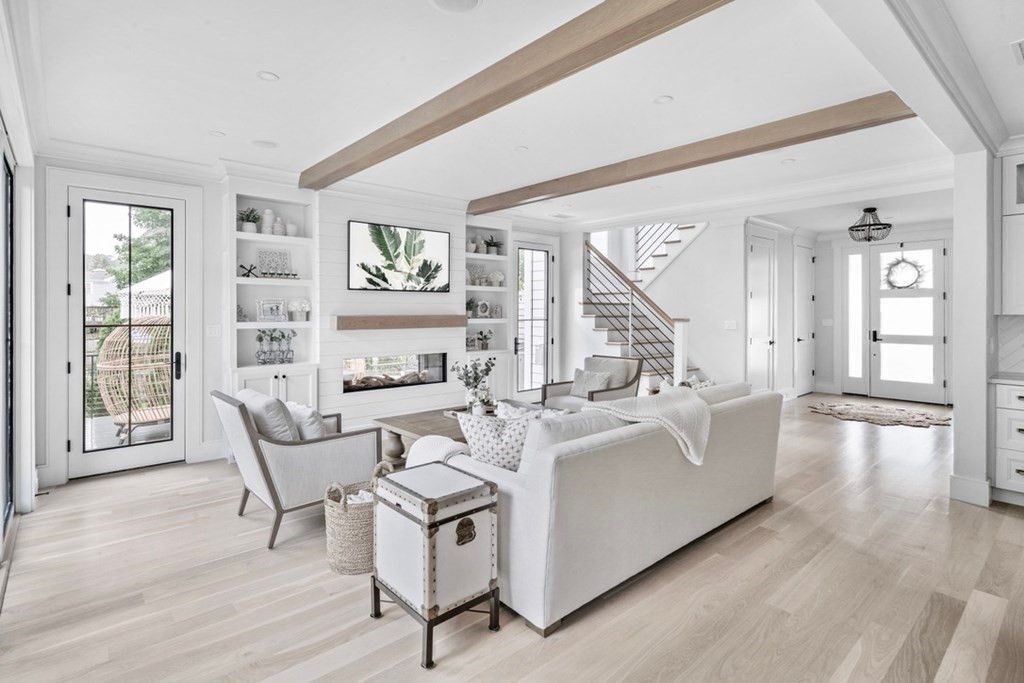 Fireplace, Interior, Living room, Recessed Lighting, Wooden Beams, Wood Texture Flooring