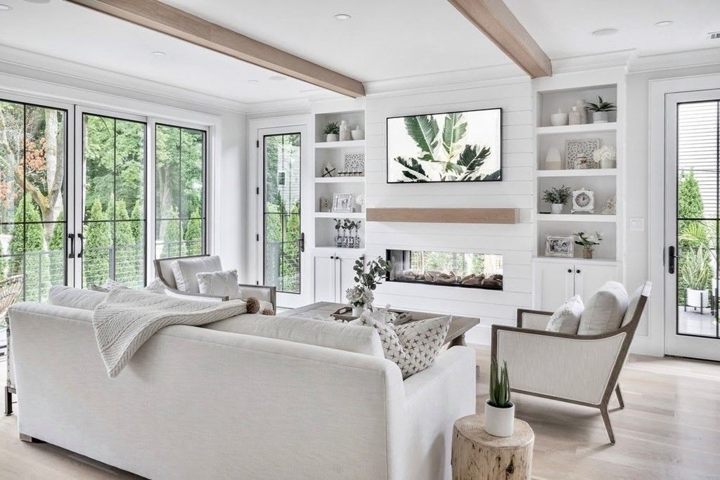 Fireplace, Interior, Living room, Recessed Lighting, Wooden Beams, Wood Texture Flooring