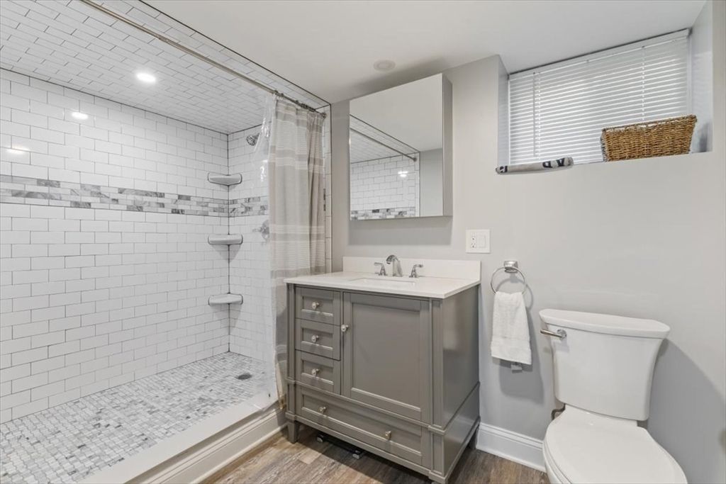 Bathroom, Glass Shower, Interior, Recessed Lighting, Wood Texture Flooring