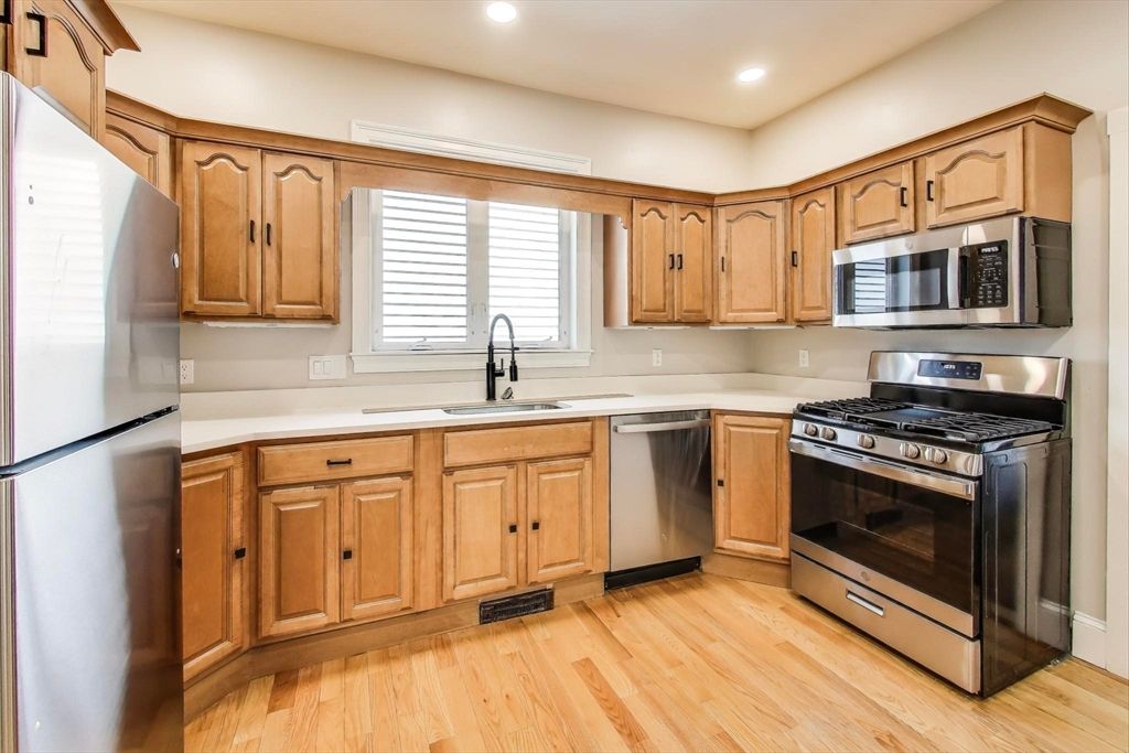 Interior, Kitchen, Recessed Lighting, Stainless Steel Appliances, Wood Texture Flooring