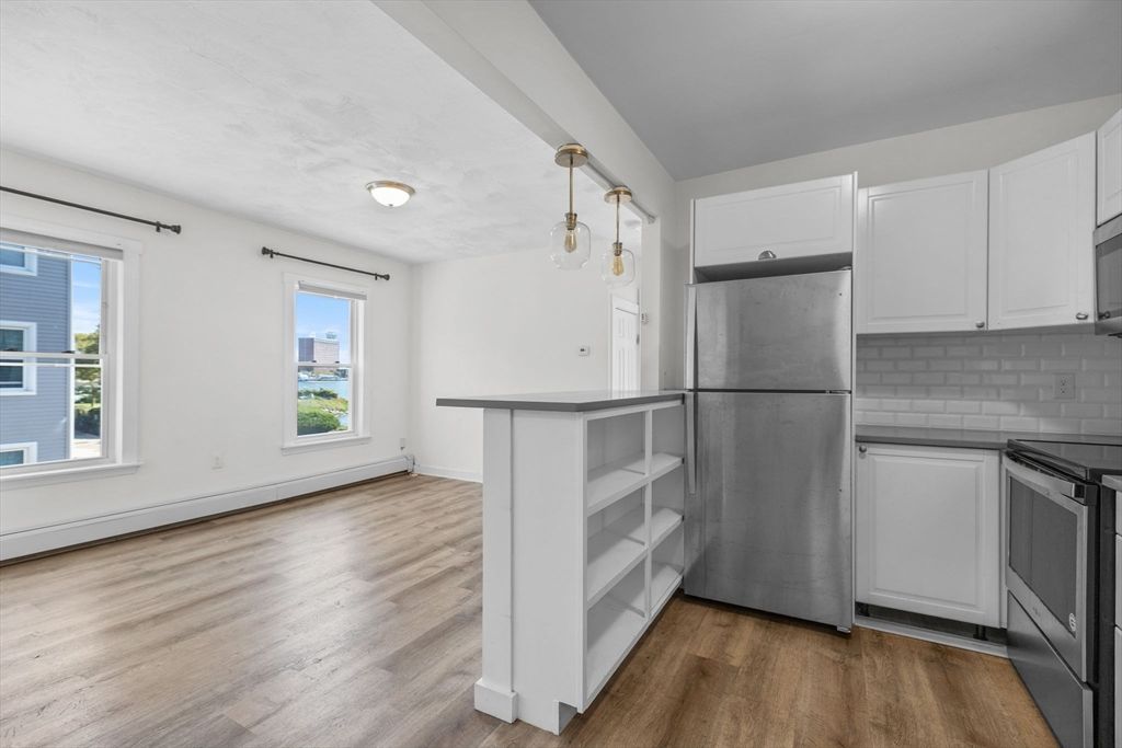 Interior, Kitchen, Pendant Lights, Stainless Steel Appliances, Wood Texture Flooring