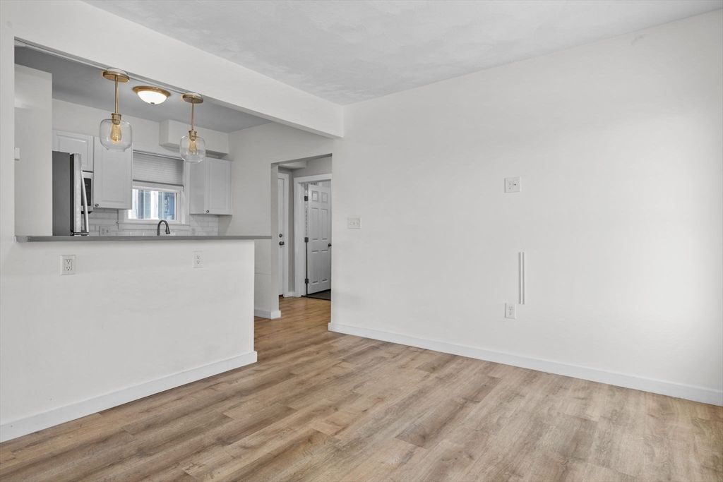 Empty room, Interior, Kitchen, Stainless Steel Appliances, Wood Texture Flooring
