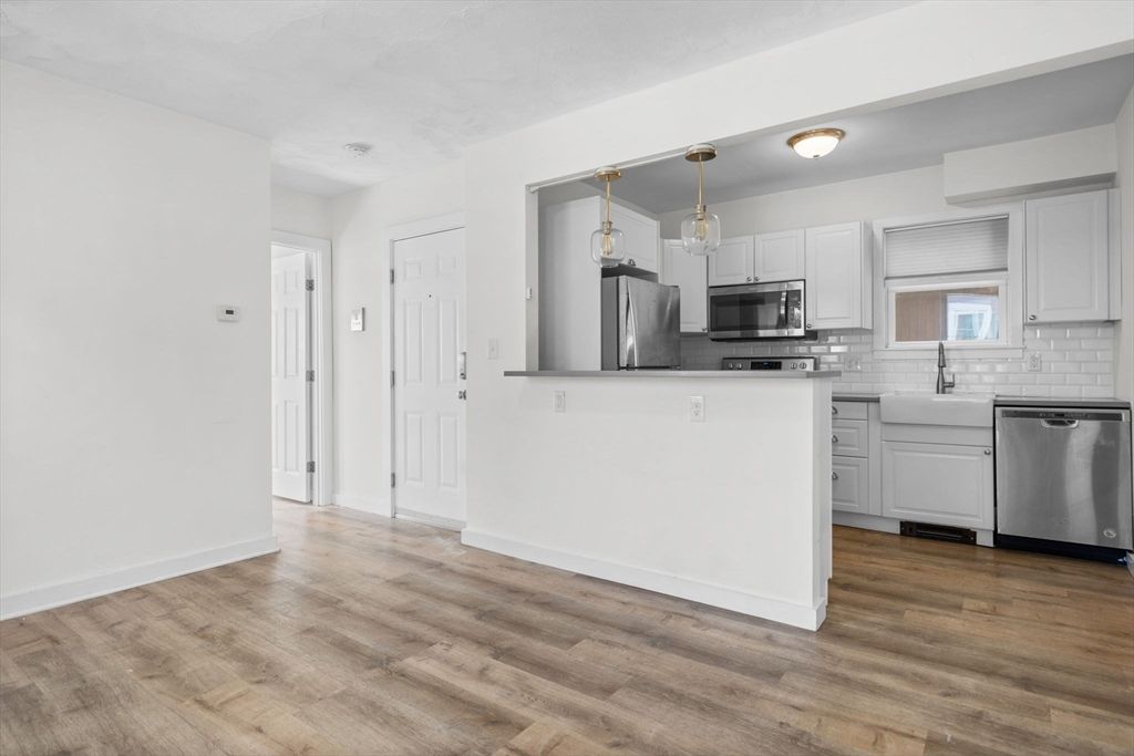 Interior, Kitchen, Pendant Lights, Stainless Steel Appliances, Wood Texture Flooring