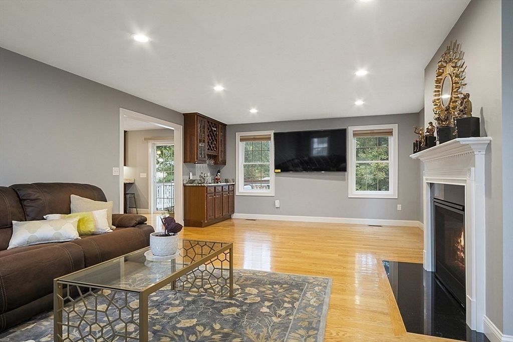 Fireplace, Interior, Living room, Recessed Lighting, Wood Texture Flooring