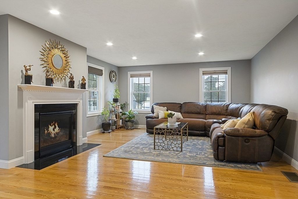 Fireplace, Interior, Living room, Recessed Lighting, Wood Texture Flooring
