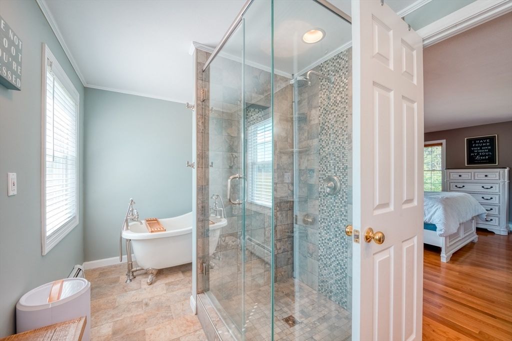 Bathroom, Free Standing Baths, Glass Shower, Interior, Recessed Lighting, Wood Texture Flooring