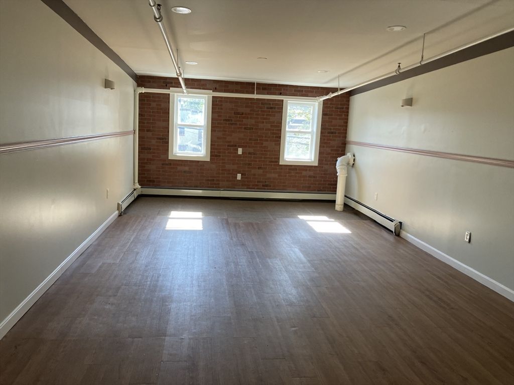 Empty room, Interior, Recessed Lighting, Stone Walls, Wood Texture Flooring