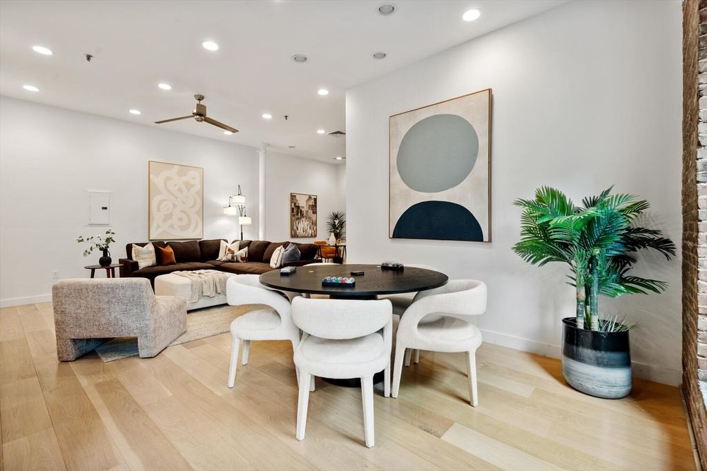 Dining room, Interior, Living room, Recessed Lighting, Wood Texture Flooring