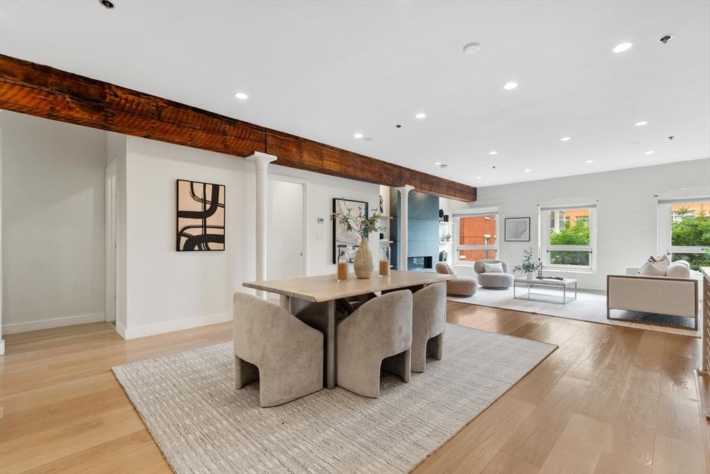 Dining room, Interior, Living room, Recessed Lighting, Wood Texture Flooring