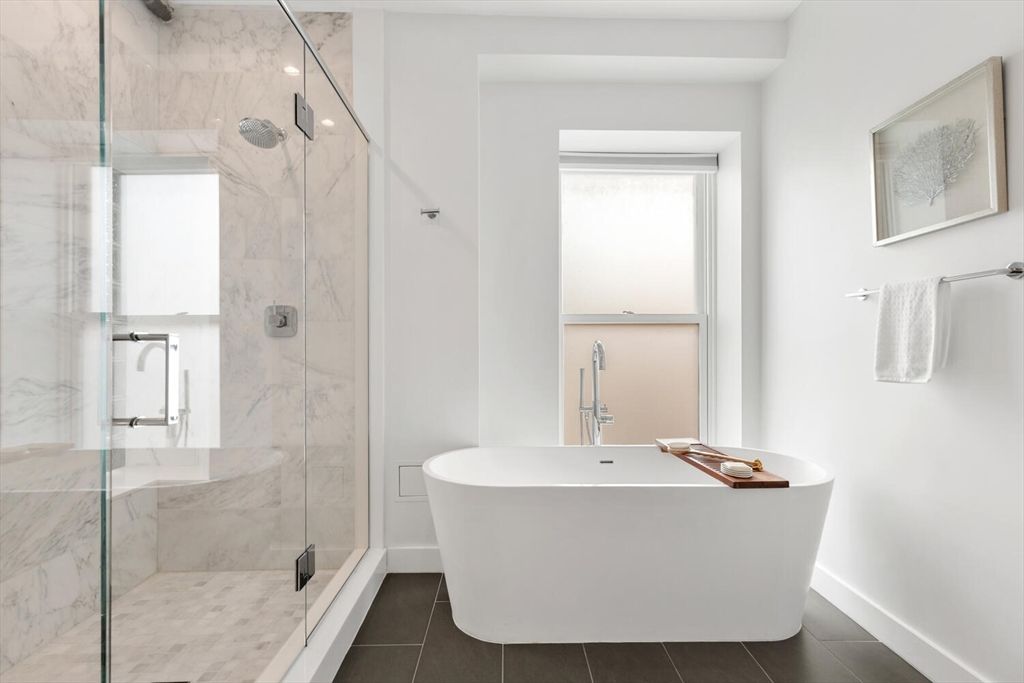 Bathroom, Free Standing Baths, Glass Shower, Interior, Marble Walls