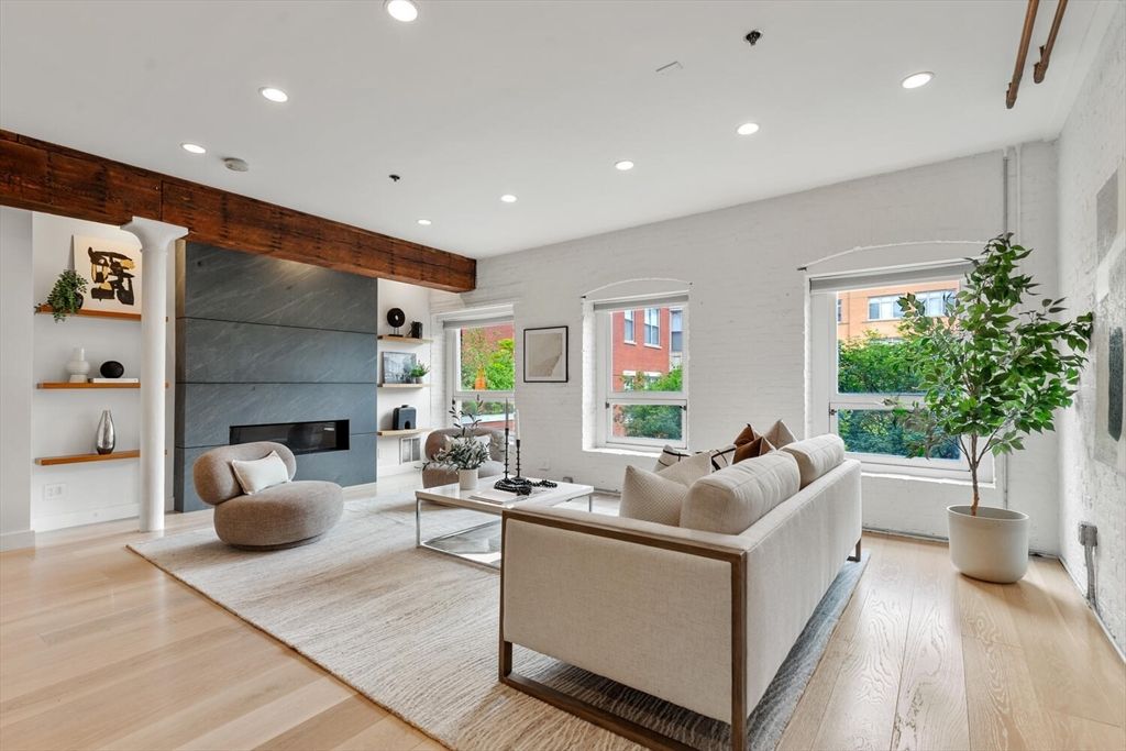 Fireplace, Interior, Living room, Recessed Lighting, Wooden Beams, Wood Texture Flooring