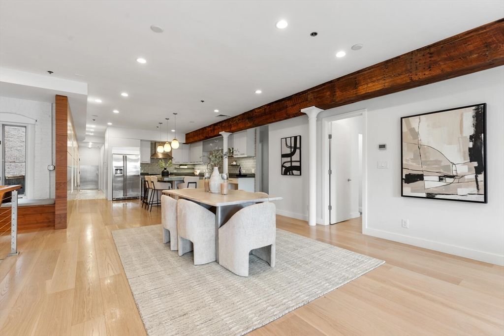 Dining room, Interior, Kitchen, Pendant Lights, Recessed Lighting, Stainless Steel Appliances, Wood Texture Flooring