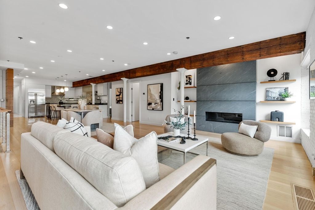 Fireplace, Interior, Kitchen, Living room, Pendant Lights, Recessed Lighting, Stainless Steel Appliances, Wood Texture Flooring