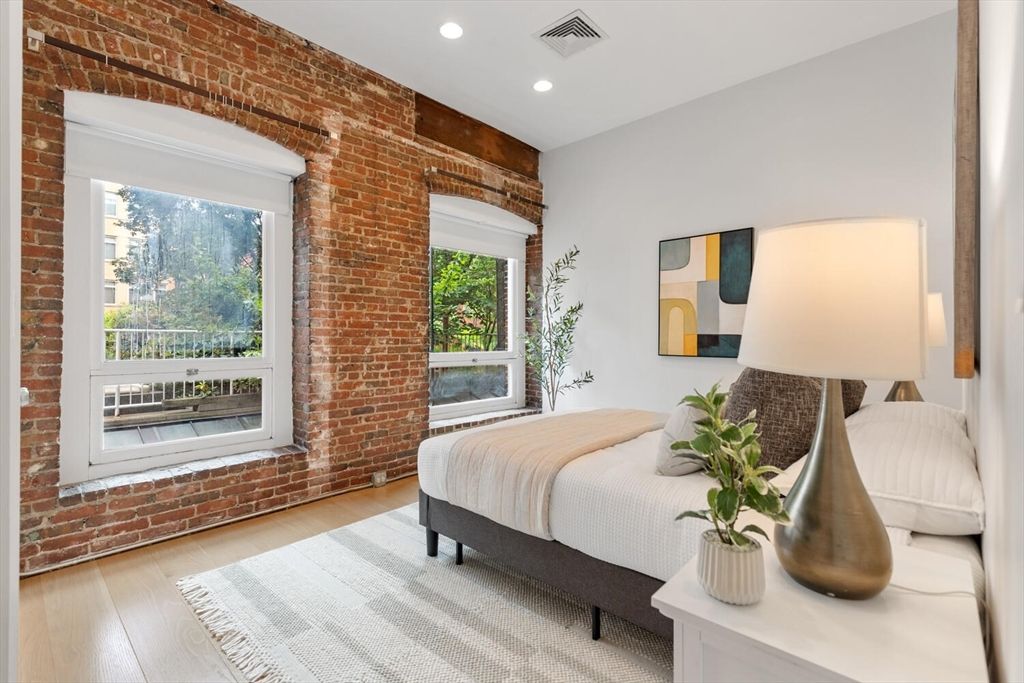 Bedroom, Interior, Recessed Lighting, Stone Walls, Wood Texture Flooring