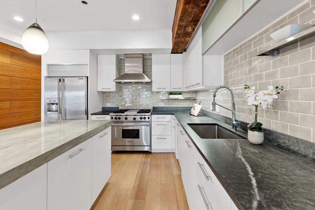 Interior, Kitchen, Pendant Lights, Recessed Lighting, Stainless Steel Appliances, Wood Texture Flooring