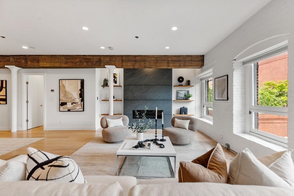 Fireplace, Interior, Living room, Recessed Lighting, Wood Texture Flooring