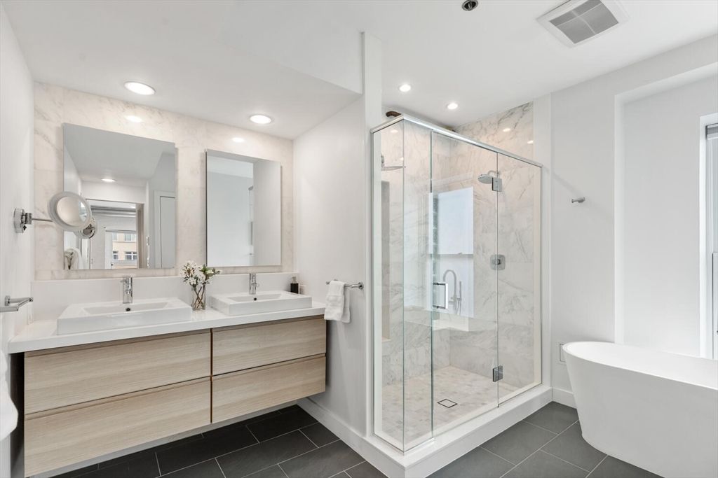 Bathroom, Dual Sink Vanities, Free Standing Baths, Glass Shower, Interior, Marble Walls, Recessed Lighting