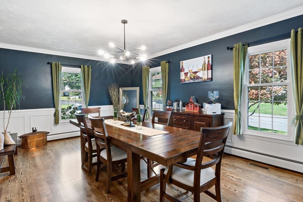 Dining room, Interior, Pendant Lights, Wood Texture Flooring