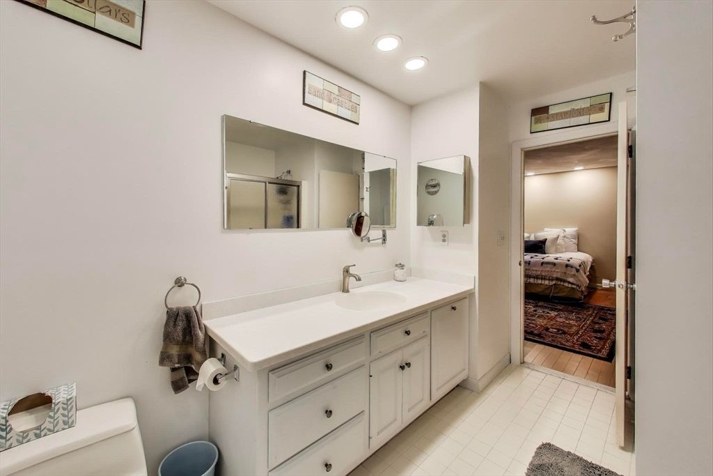 Bathroom, Bedroom, Dual Sink Vanities, Interior, Recessed Lighting, Wood Texture Flooring