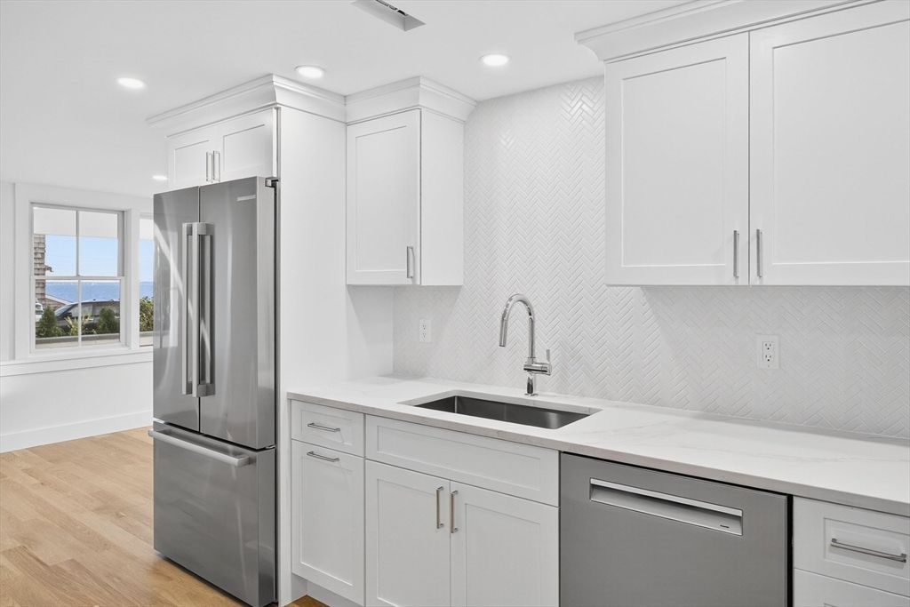 Interior, Kitchen, Recessed Lighting, Stainless Steel Appliances, Water, Wood Texture Flooring