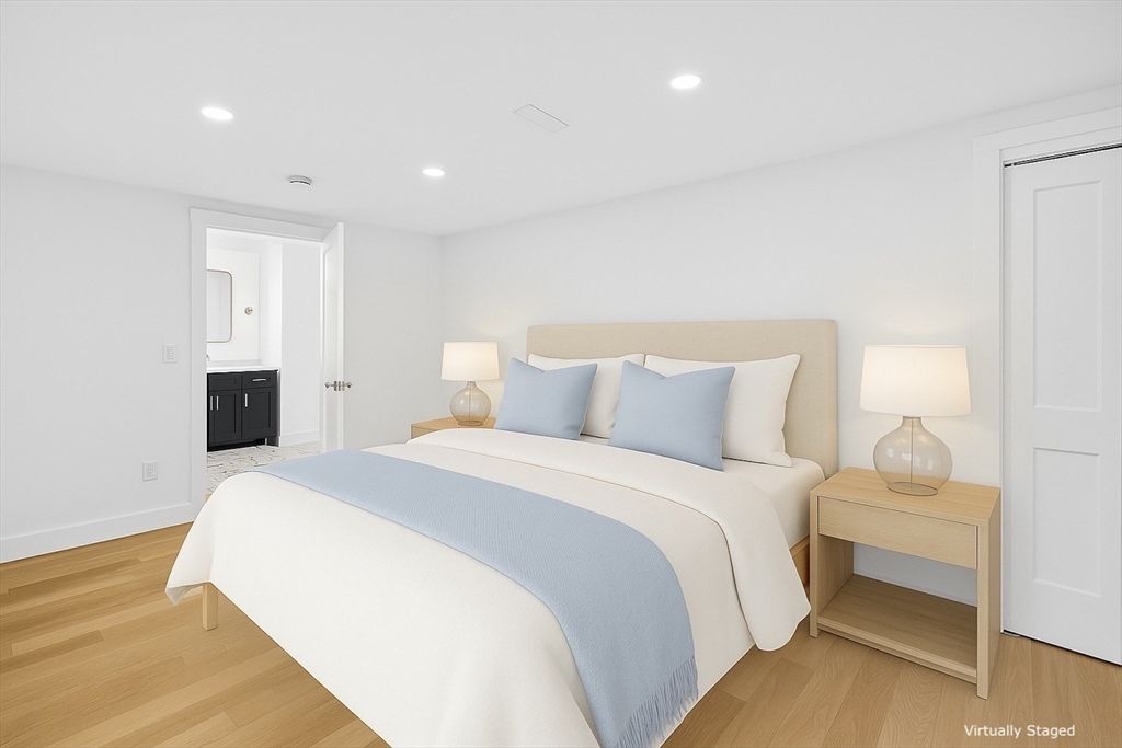 Bedroom, Interior, Recessed Lighting, Wood Texture Flooring