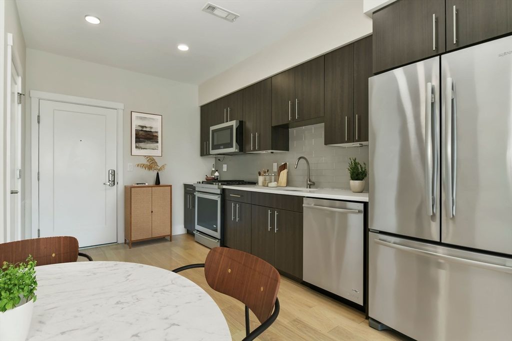 Interior, Kitchen, Recessed Lighting, Stainless Steel Appliances, Wood Texture Flooring