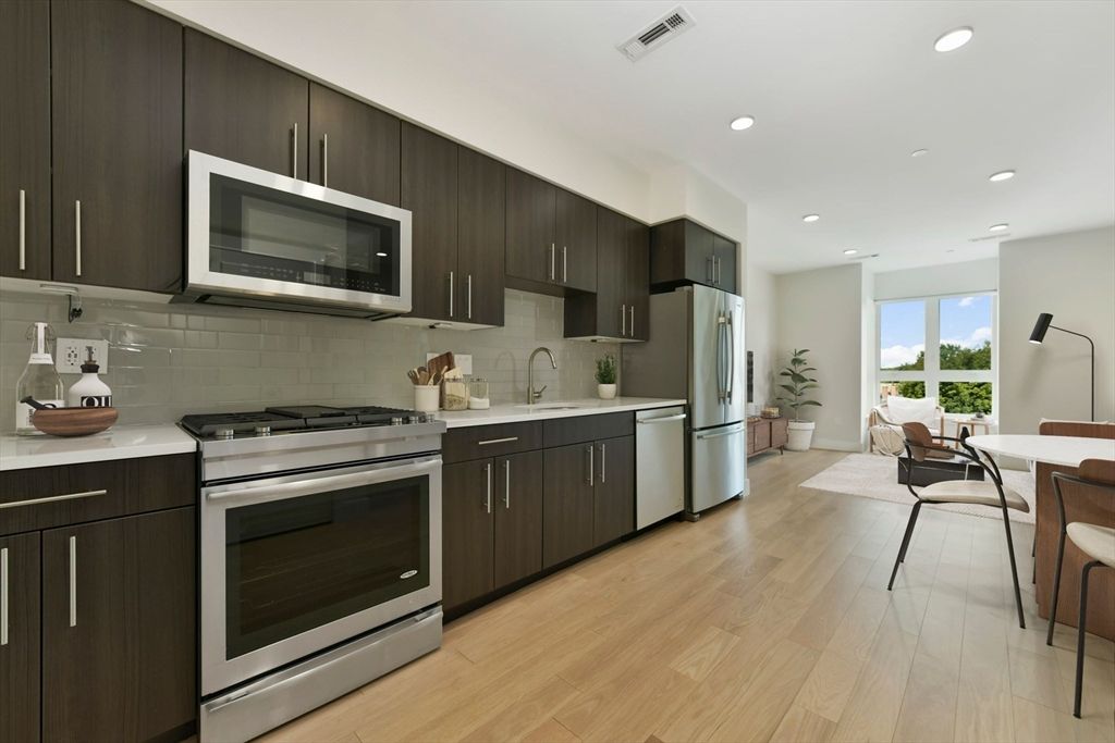 Interior, Kitchen, Recessed Lighting, Stainless Steel Appliances, Wood Texture Flooring