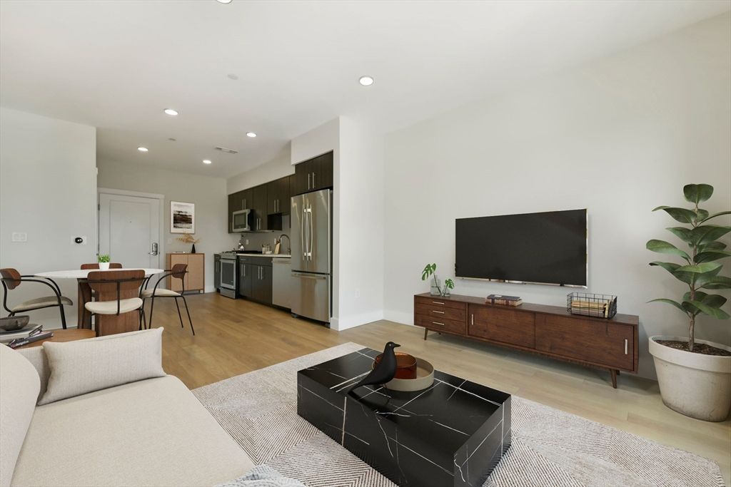 Dining room, Interior, Kitchen, Living room, Recessed Lighting, Stainless Steel Appliances, Wood Texture Flooring