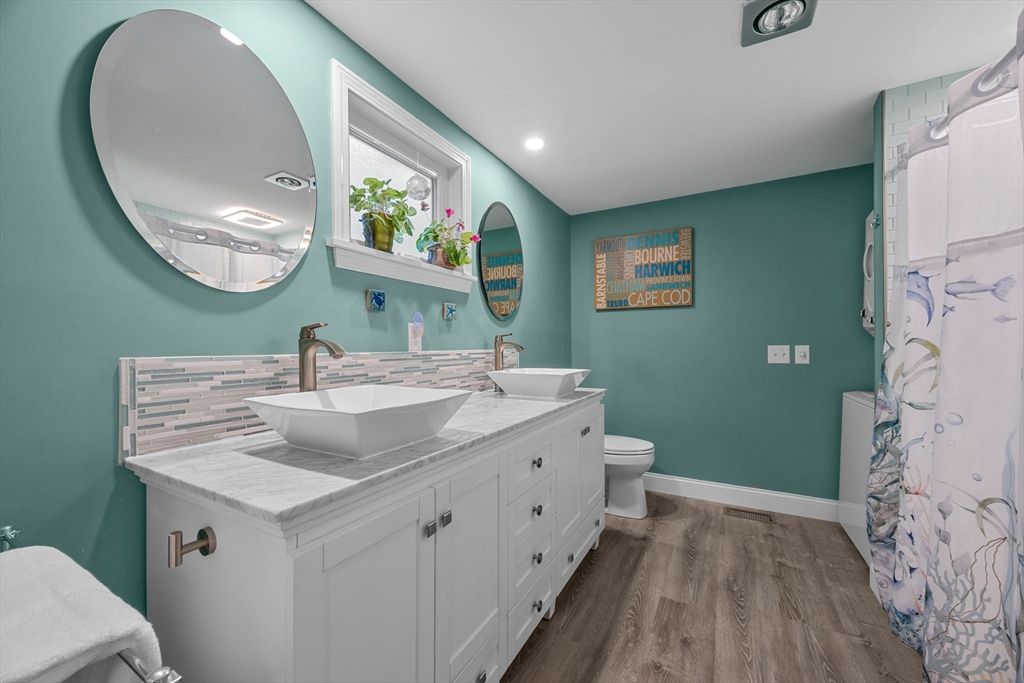 Bathroom, Dual Sink Vanities, Interior, Recessed Lighting, Wood Texture Flooring