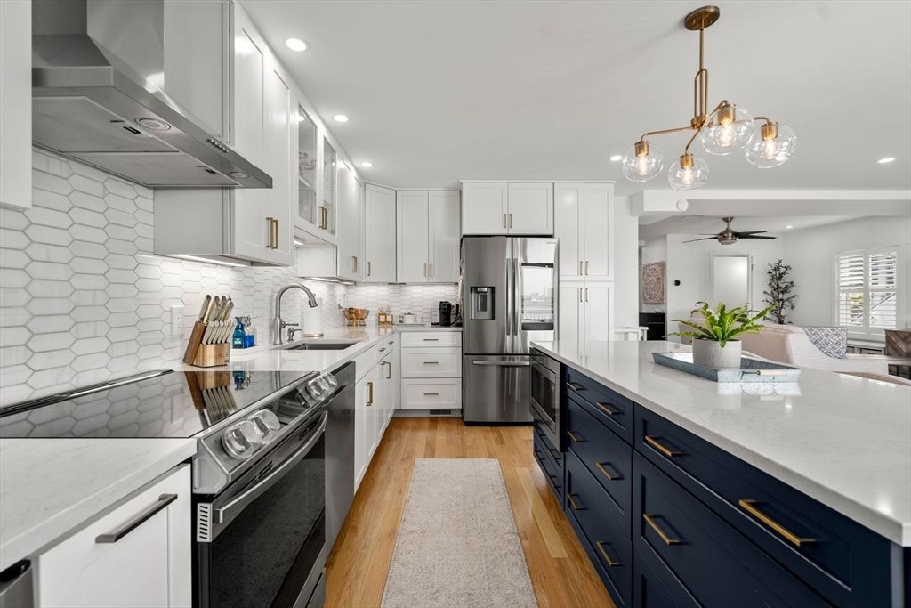 Interior, Kitchen, Pendant Lights, Recessed Lighting, Stainless Steel Appliances, Wood Texture Flooring