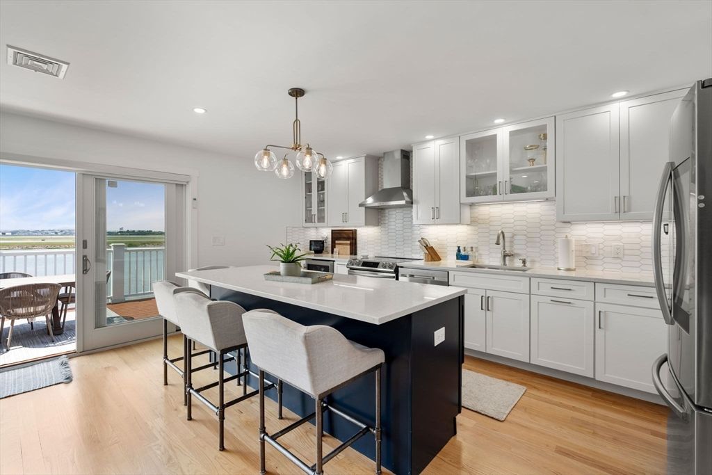Interior, Kitchen, Pendant Lights, Recessed Lighting, Stainless Steel Appliances, Water, Wood Texture Flooring