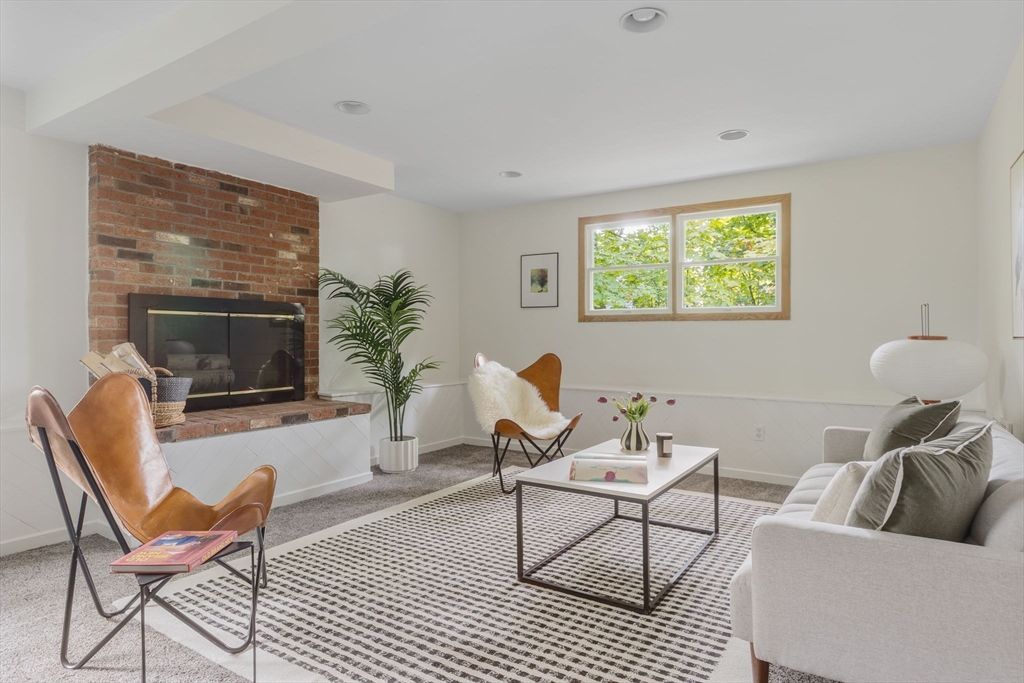 Fireplace, Interior, Living room, Recessed Lighting, Stone Walls