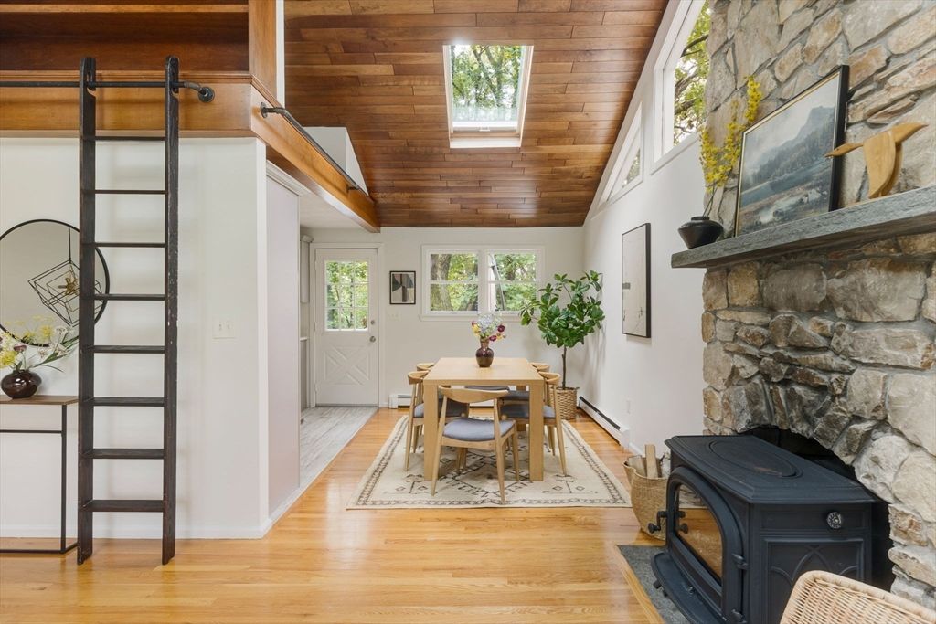 Dining room, Fireplace, Interior, Stone Walls, Wooden Ceilings, Wood Texture Flooring