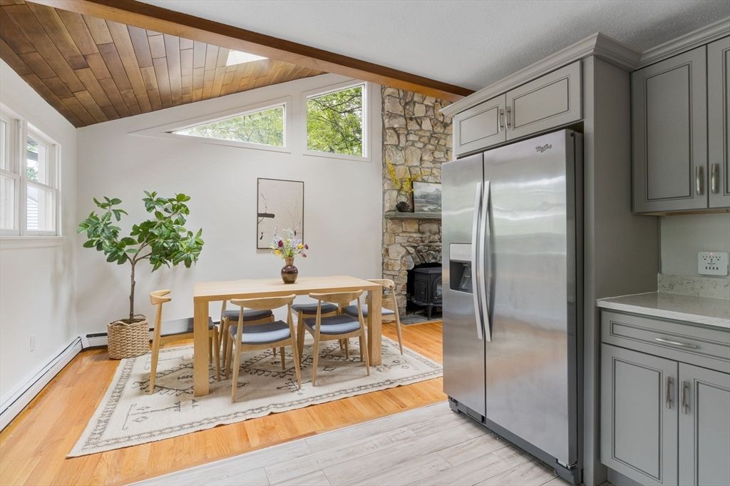 Dining room, Fireplace, Interior, Kitchen, Stone Walls, Wooden Ceilings, Wood Texture Flooring