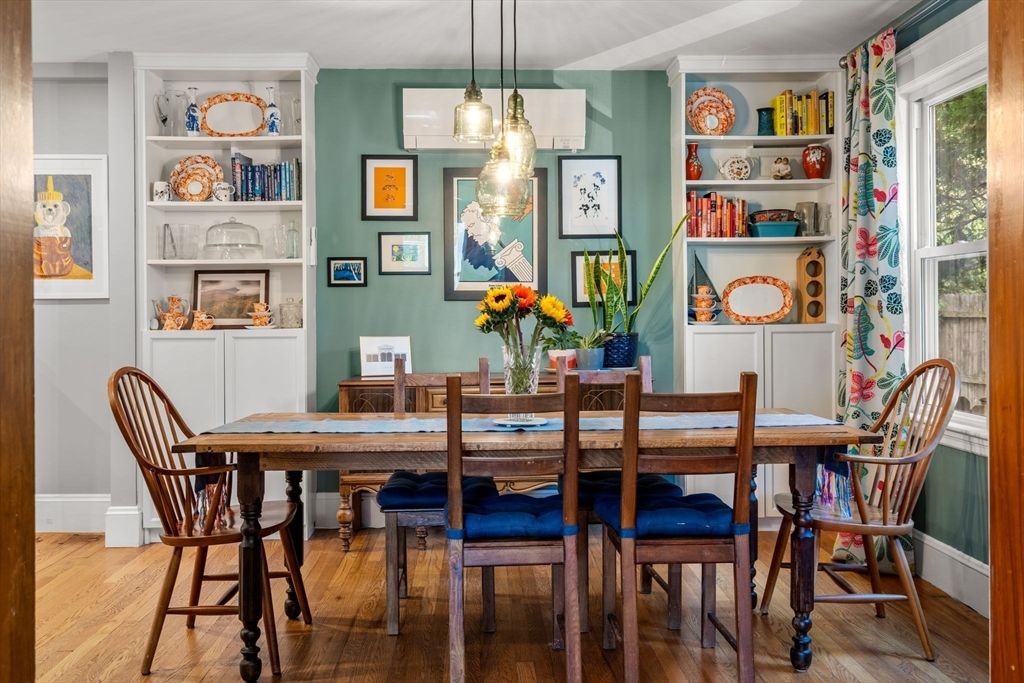 Dining room, Interior, Pendant Lights, Wood Texture Flooring