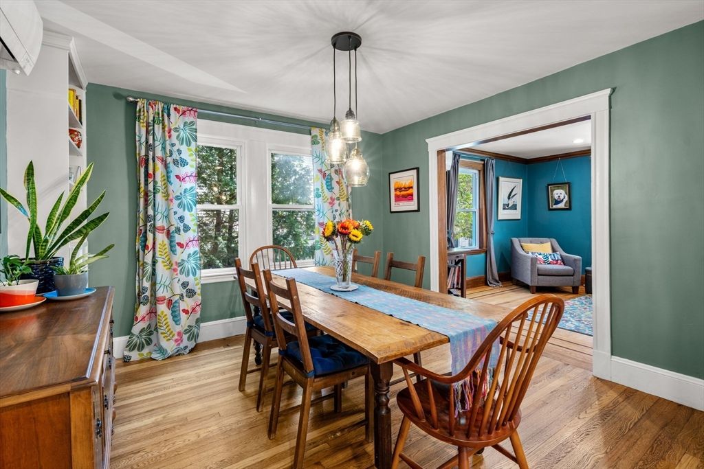 Dining room, Interior, Pendant Lights, Wood Texture Flooring