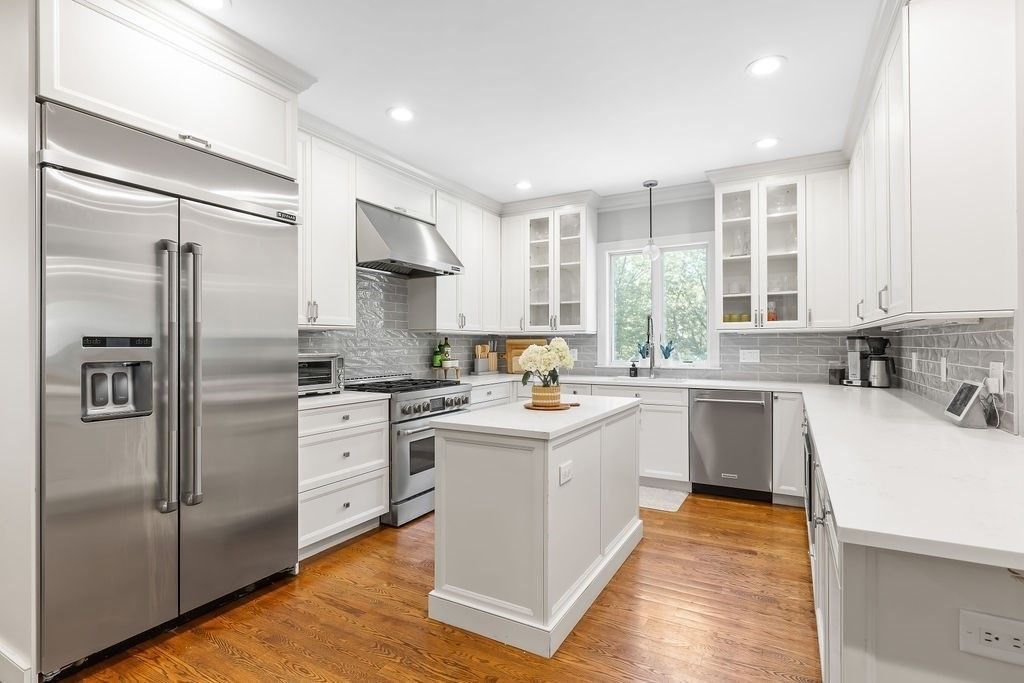 Interior, Kitchen, Pendant Lights, Recessed Lighting, Stainless Steel Appliances, Wood Texture Flooring