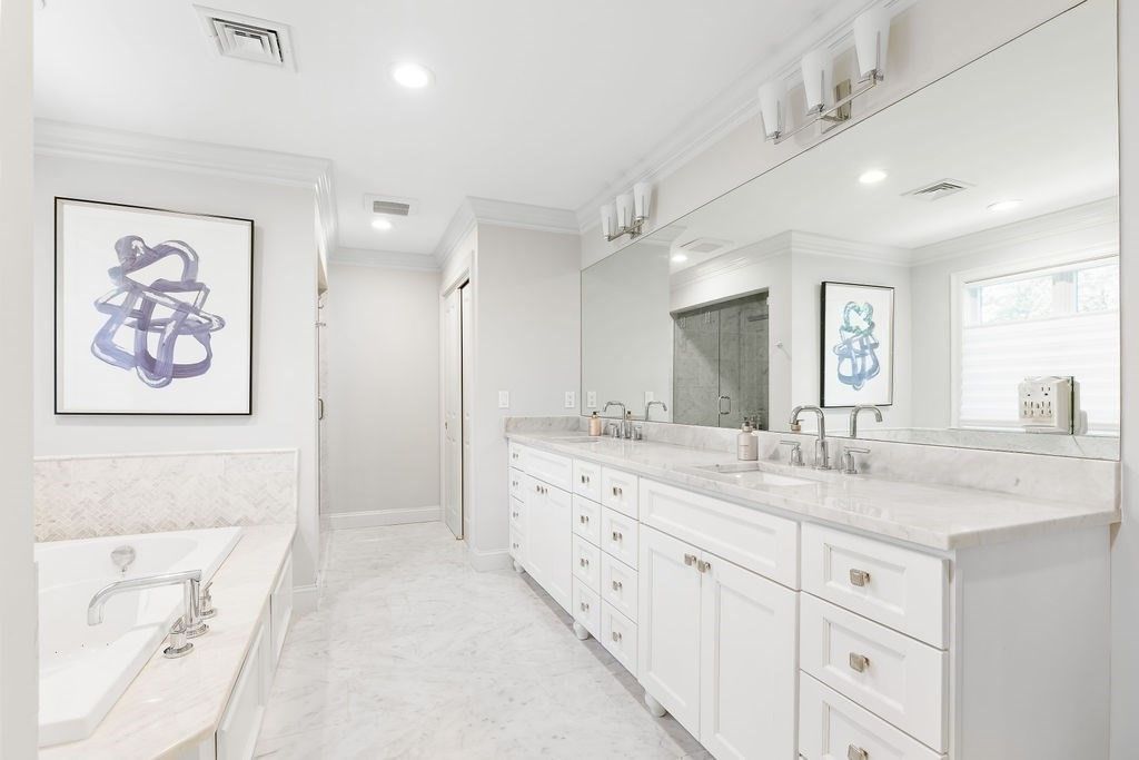 Bathroom, Dual Sink Vanities, Interior, Marble, Recessed Lighting