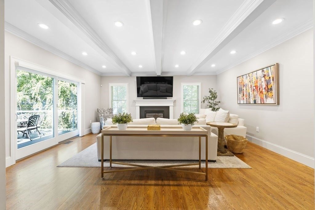 Fireplace, Interior, Living room, Recessed Lighting, Wood Texture Flooring