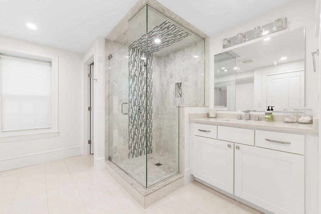 Bathroom, Glass Shower, Interior, Marble Walls, Recessed Lighting
