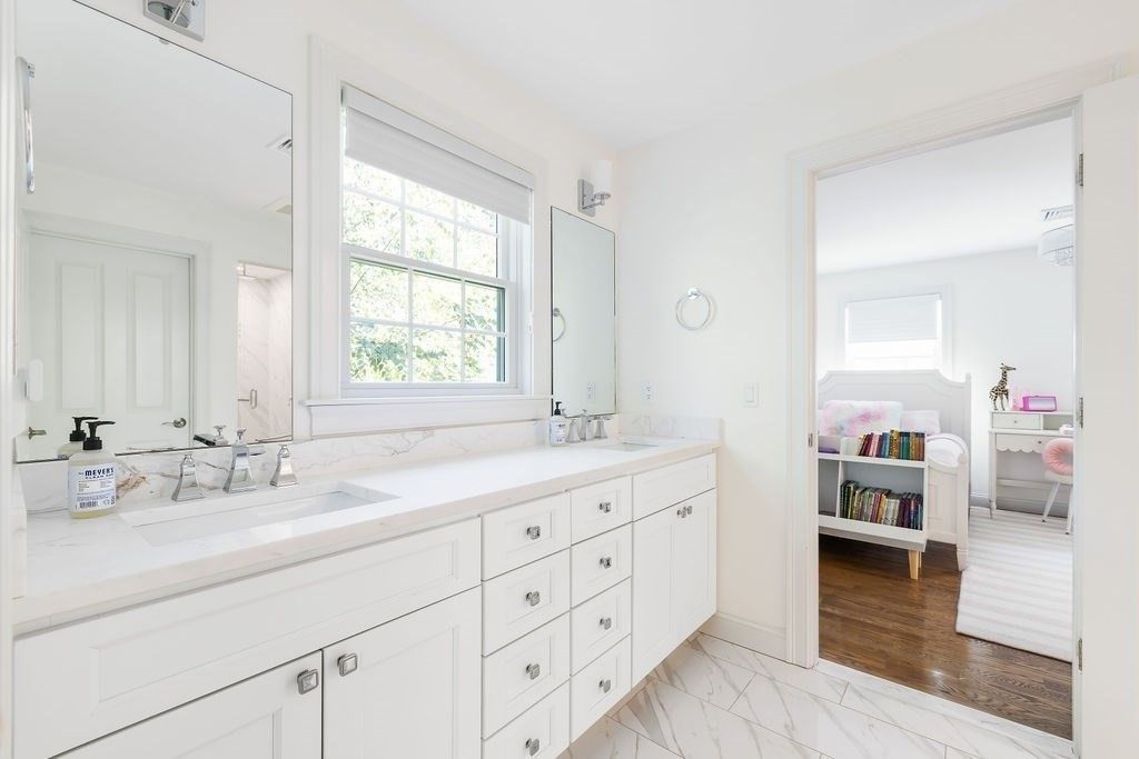 Bathroom, Dual Sink Vanities, Interior, Marble, Wood Texture Flooring