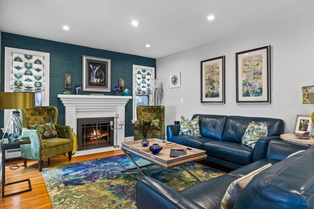 Fireplace, Interior, Living room, Recessed Lighting, Wood Texture Flooring