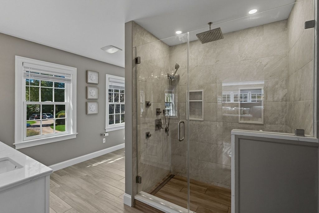Bathroom, Glass Shower, Interior, Recessed Lighting, Wood Texture Flooring