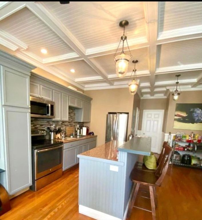 Interior, Kitchen, Pendant Lights, Recessed Lighting, Stainless Steel Appliances, Wood Texture Flooring