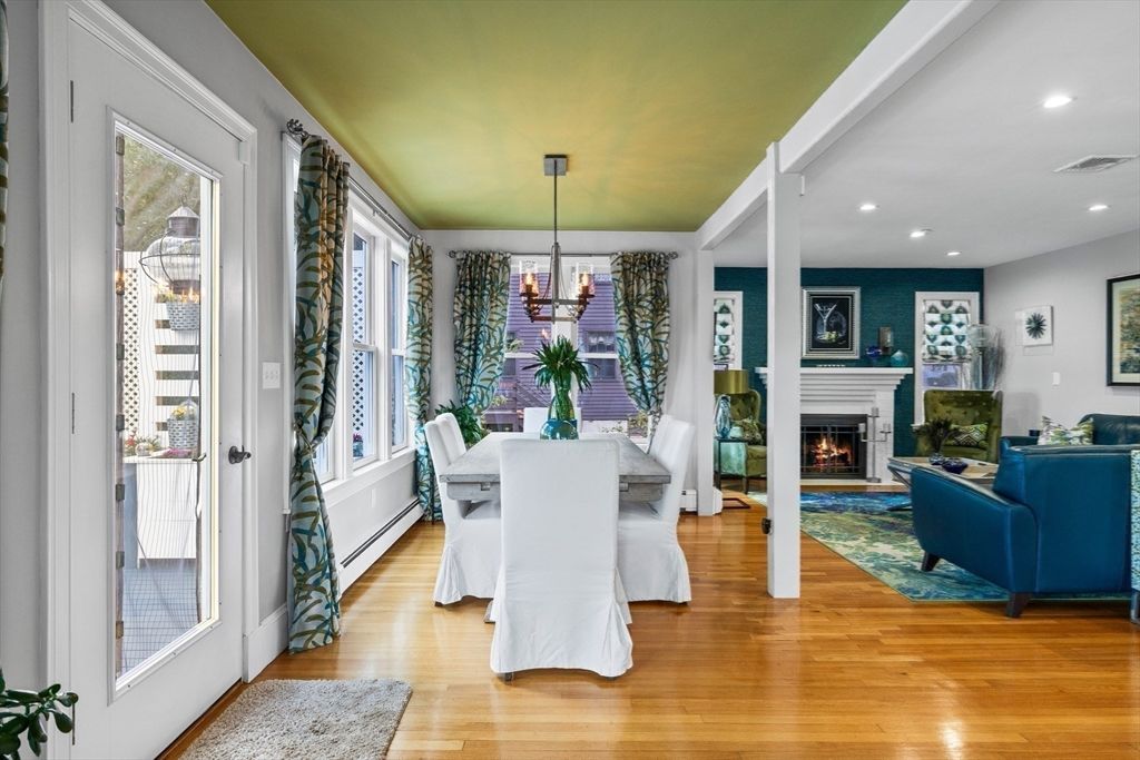 Dining room, Fireplace, Interior, Living room, Pendant Lights, Recessed Lighting, Wood Texture Flooring