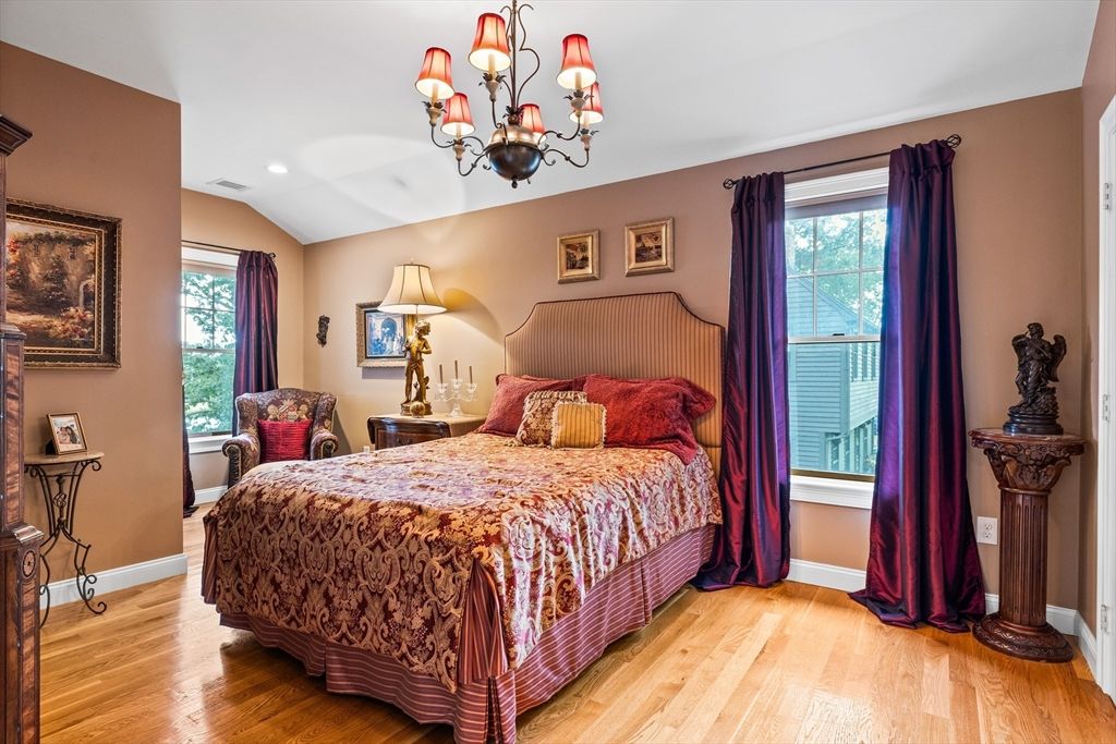Bedroom, Chandelier, Interior, Recessed Lighting, Wood Texture Flooring