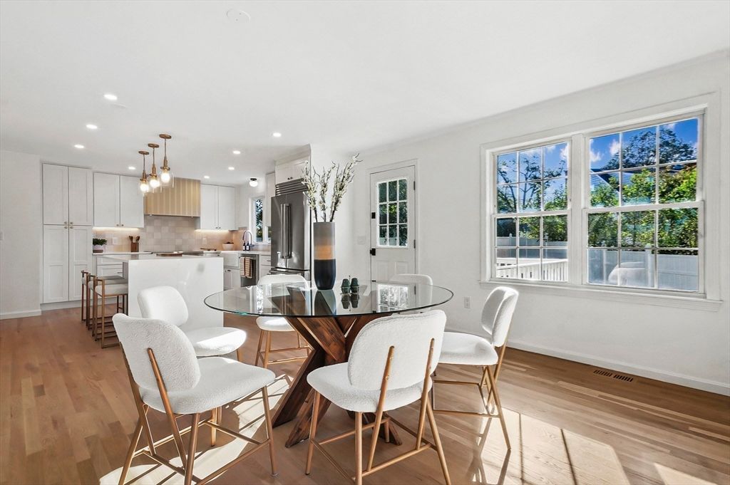 Dining room, Interior, Kitchen, Pendant Lights, Recessed Lighting, Stainless Steel Appliances, Wood Texture Flooring