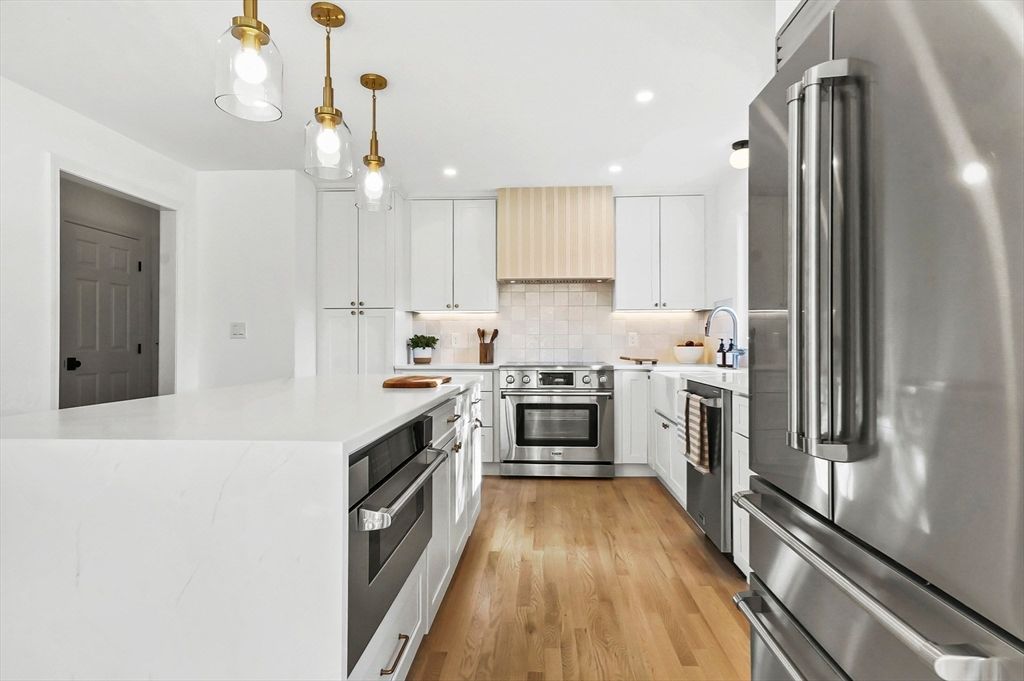 Interior, Kitchen, Pendant Lights, Recessed Lighting, Stainless Steel Appliances, Wood Texture Flooring