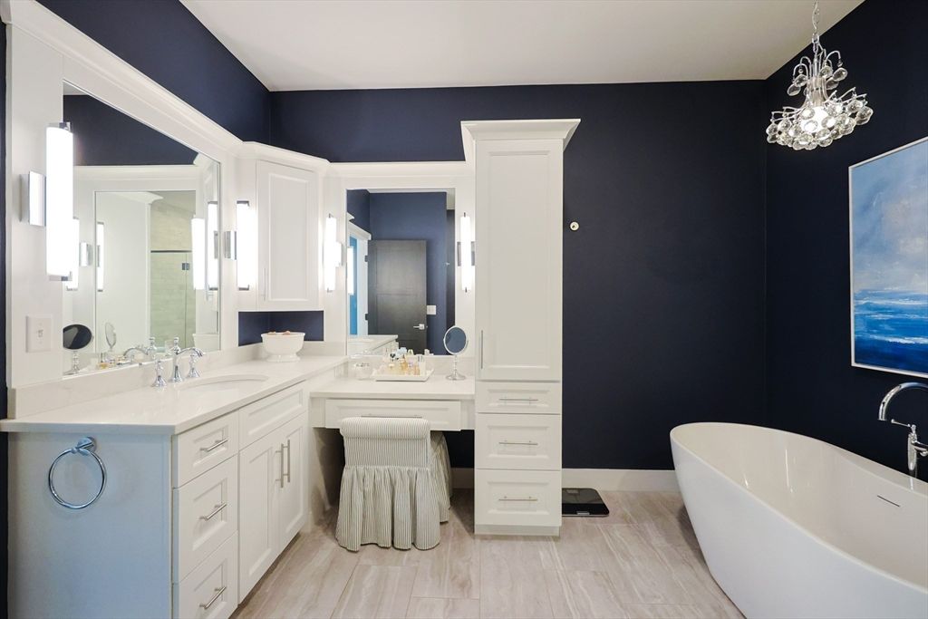 Bathroom, Dual Sink Vanities, Free Standing Baths, Interior, Pendant Lights, Wood Texture Flooring