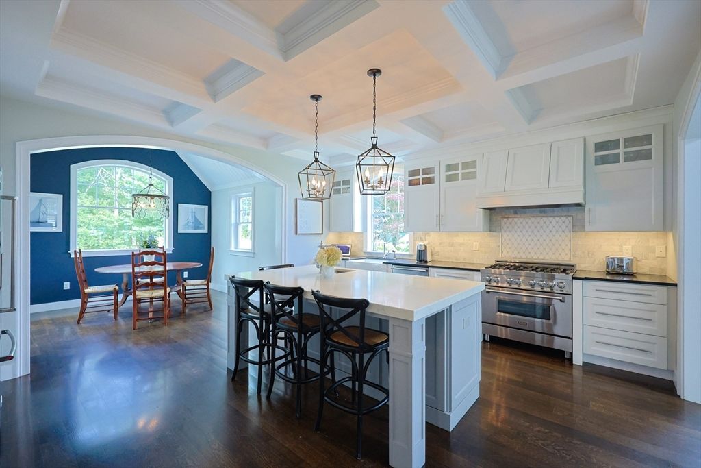 Chandelier, Dining room, Interior, Kitchen, Pendant Lights, Stainless Steel Appliances, Wood Texture Flooring